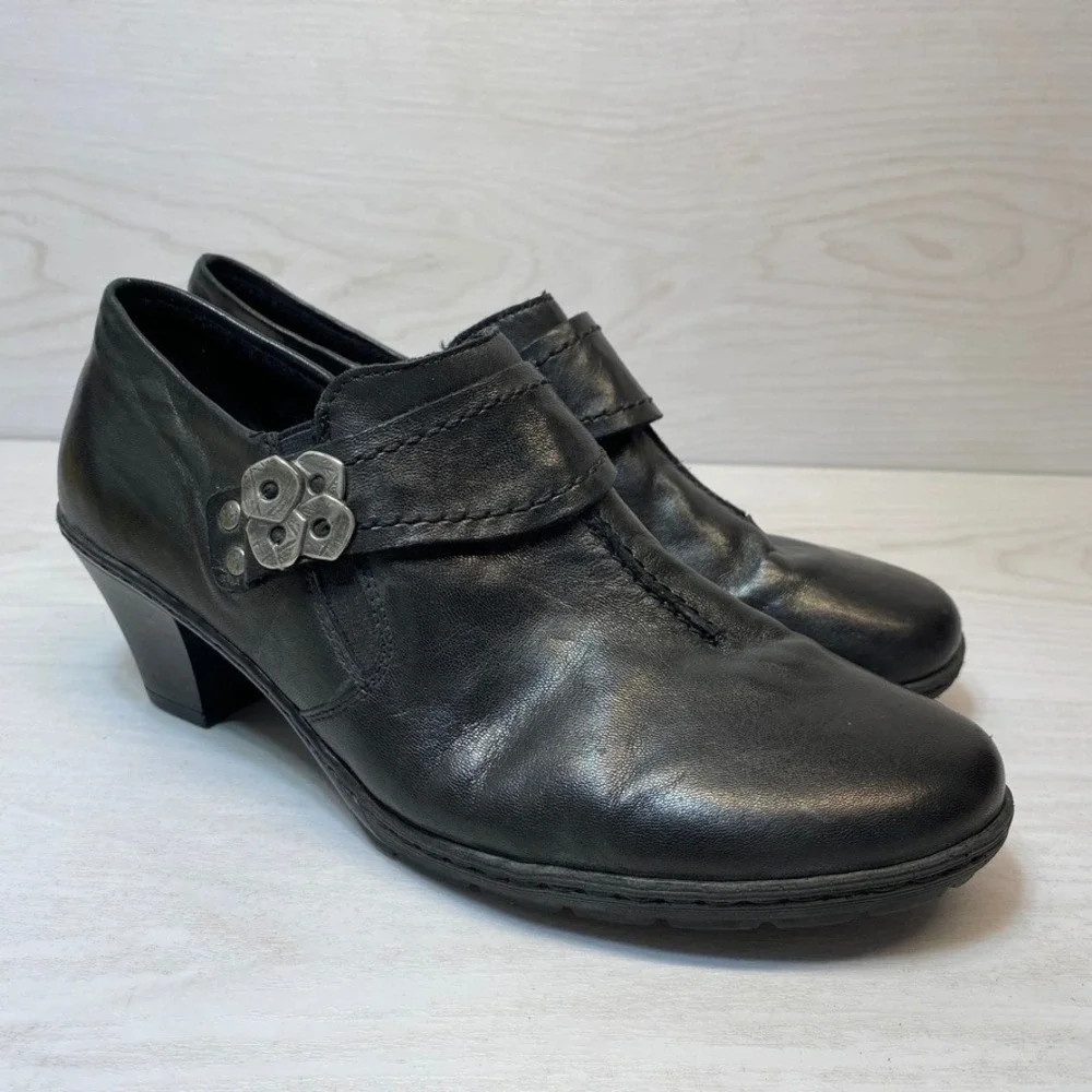 Rieker Womens 38 Booties Shooties Black Leather Side Zip Comfort Heel Buckle